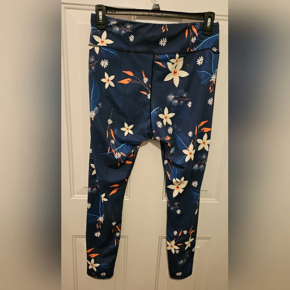 Blue, White & Orange Floral Leggings with Nature-Inspired Design - Picture 3 of 3